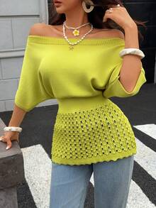 Blusa de punto de manga corta para mujer, top tipo pullover con hombros descubiertos, sexy, con cintura definida, efecto adelgazante y calados, estilo casual elegante de moda, para uso diario y atuendo de vacaciones de verano - Mostaza Amarilla - Ver 1