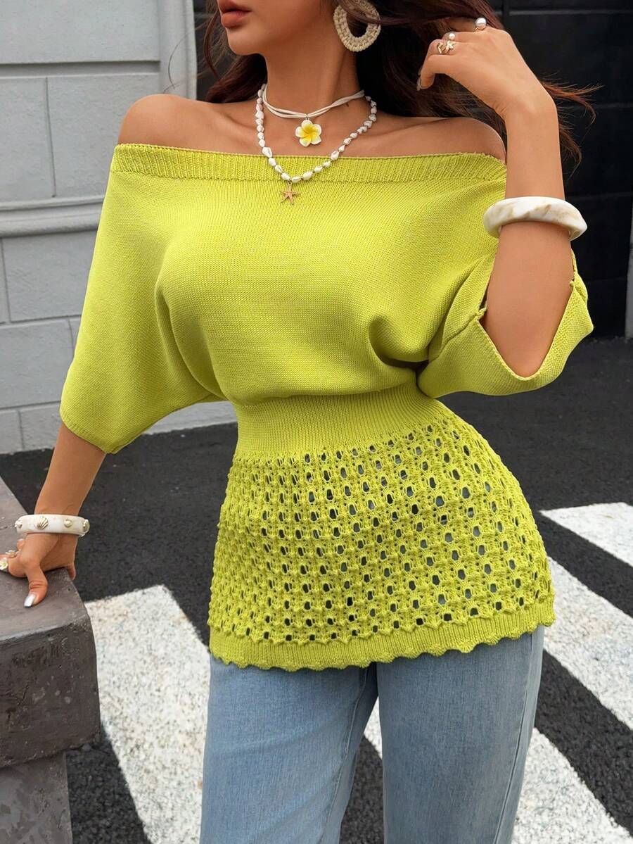 Blusa de punto de manga corta para mujer, top tipo pullover con hombros descubiertos, sexy, con cintura definida, efecto adelgazante y calados, estilo casual elegante de moda, para uso diario y atuendo de vacaciones de verano - Mostaza Amarilla - Ver 1