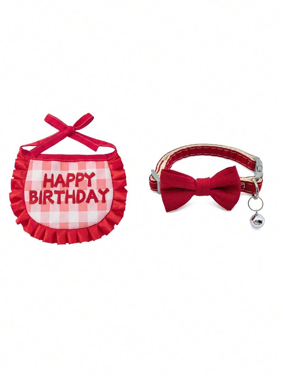 2 Stücke Haustier Geburtstags-Set, karierter Fliegen-Kragen + Rüschen-Lätzchen, süße Party-Accessoires für Haustiere - Rot - Übersicht 1