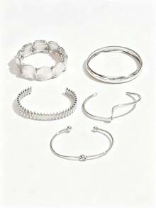 5pcs Set Vintage Exaggerated Luxury Geometric Design Wide Metal Bangle Bracelet Set, Suitable For Daily Wear And Gift - Silver - View 4