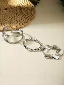 3pcs Fashionable Exaggerated Open Metal Bangle Set, CCB Bracelets, Suitable For Daily Life, Parties, Gifts For Friends - Silver Wire Bracelet - View 4