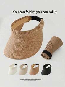 1pc Women's Foldable Fashionable Straw Hat, Wide Brim Hat Can Be Rolled And Folded, Summer Beach Sun Hat, Women's Wide Brim Straw Hat Foldable, Ponytail Beach Hat, Portable Vacation/Large Brim Sun Protection/Sun Hat, Summer Essential, Travel Daily Outfit - Multicolor - View 12