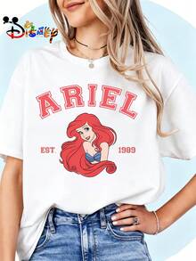 Breathable Cotton Disney Fan Tee | Ariel "Est. 1989" Princess Portrait Print | Classic Disney Pullover Shirt - trắng - Xem 1