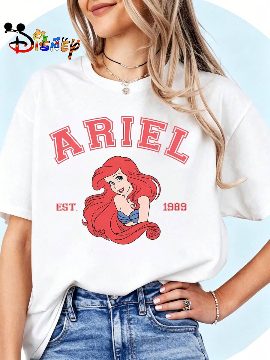 Breathable Cotton Disney Fan Tee | Ariel "Est. 1989" Princess Portrait Print | Classic Disney Pullover Shirt - trắng - Xem 1