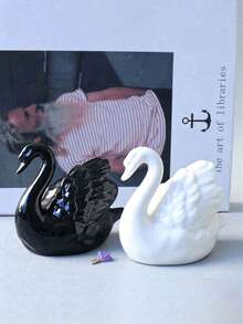 1pc Black & White Swan Figurine, Creative Decor, Perfect For Living Room, Study Or Animal-Shaped Succulent Arrangement - B - View 2