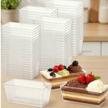 25/50pcs Dessert Cups, 5oz 150ml Dessert Cups With Spoons And Lids, Plastic Dessert Bowls, Reusable Plastic Rectangular Dessert Cups, Mini Plates, Cake Molds, Suitable For Desserts, Pudding, Mousse, Picnic, Party - Transparent - View 1