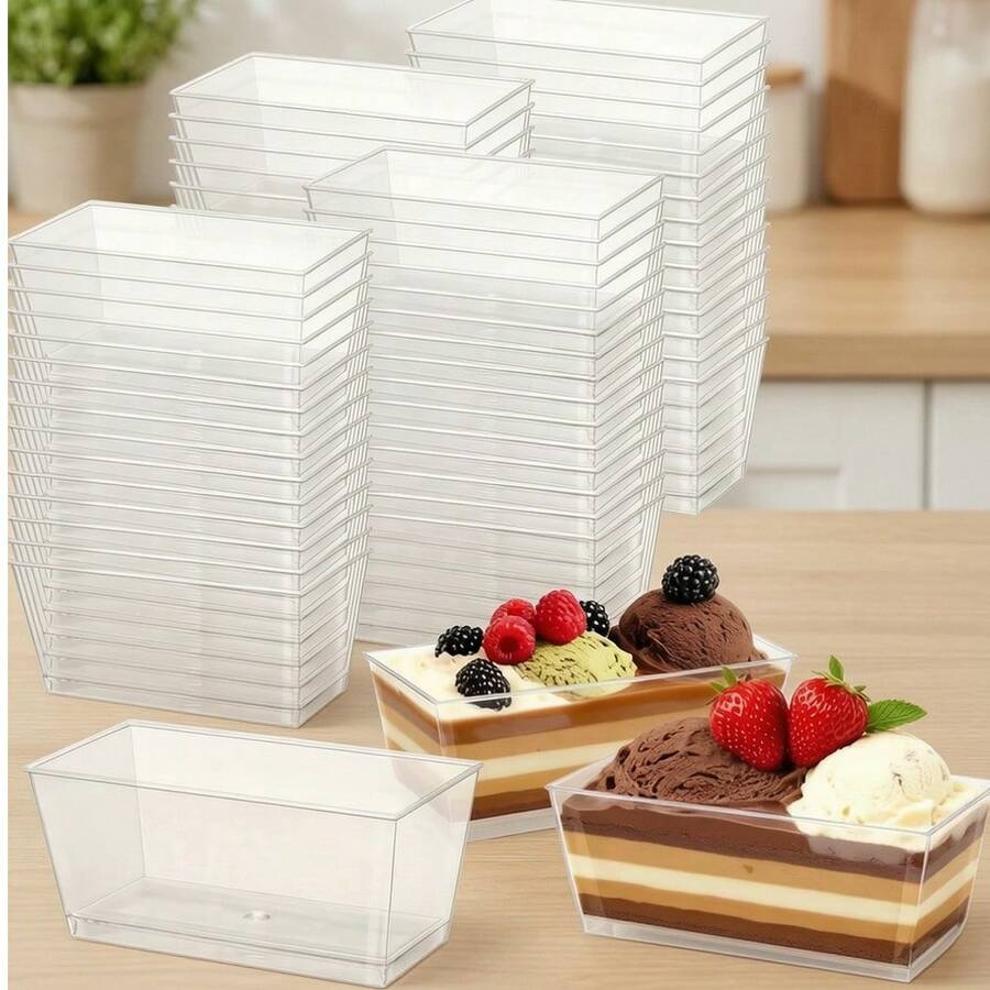 25/50pcs Dessert Cups, 5oz 150ml Dessert Cups With Spoons And Lids, Plastic Dessert Bowls, Reusable Plastic Rectangular Dessert Cups, Mini Plates, Cake Molds, Suitable For Desserts, Pudding, Mousse, Picnic, Party - Transparent - View 1