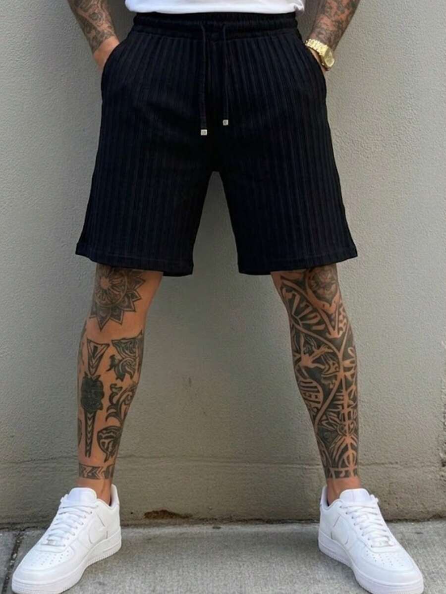 Pantalones cortos de punto de pierna ancha con cordón ajustable para hombre. - Negro - Ver 1