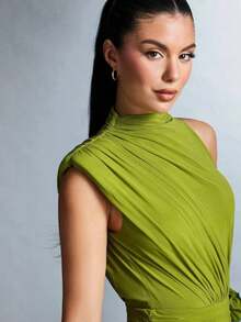 Vestido con hombro asimétrico, pliegue y arrugado, con decoración de flor 3D para damas - Verde - Ver 9