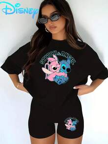 Lilo & Stitch "Stitch & Angel Hug" T-Shirt & Biker Shorts Setwomen's Casual T-Shirt And Yoga Pants Set, Perfect For Summer Travel And Relaxing At Home. Disney Licensed Stylish, Soft, And Comfortable Sportswear Set. - 黑色 - 查看 1