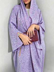 2pcs Set, Fashionable Minimalist, One Size, Matte Black Leopard Print, Women's Solid Color Middle Eastern Long Dress Set, Including Scarf, Elegant Open Front Robe - Mauve Purple - View 4