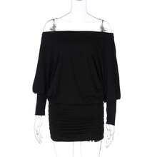 Vestido Bodycon Ajustado con Hombros Descubiertos y Diseño Fruncido, Estilo Sexy y Atractivo, Nueva Colección de Primavera para Mujer - Negro - Ver 1