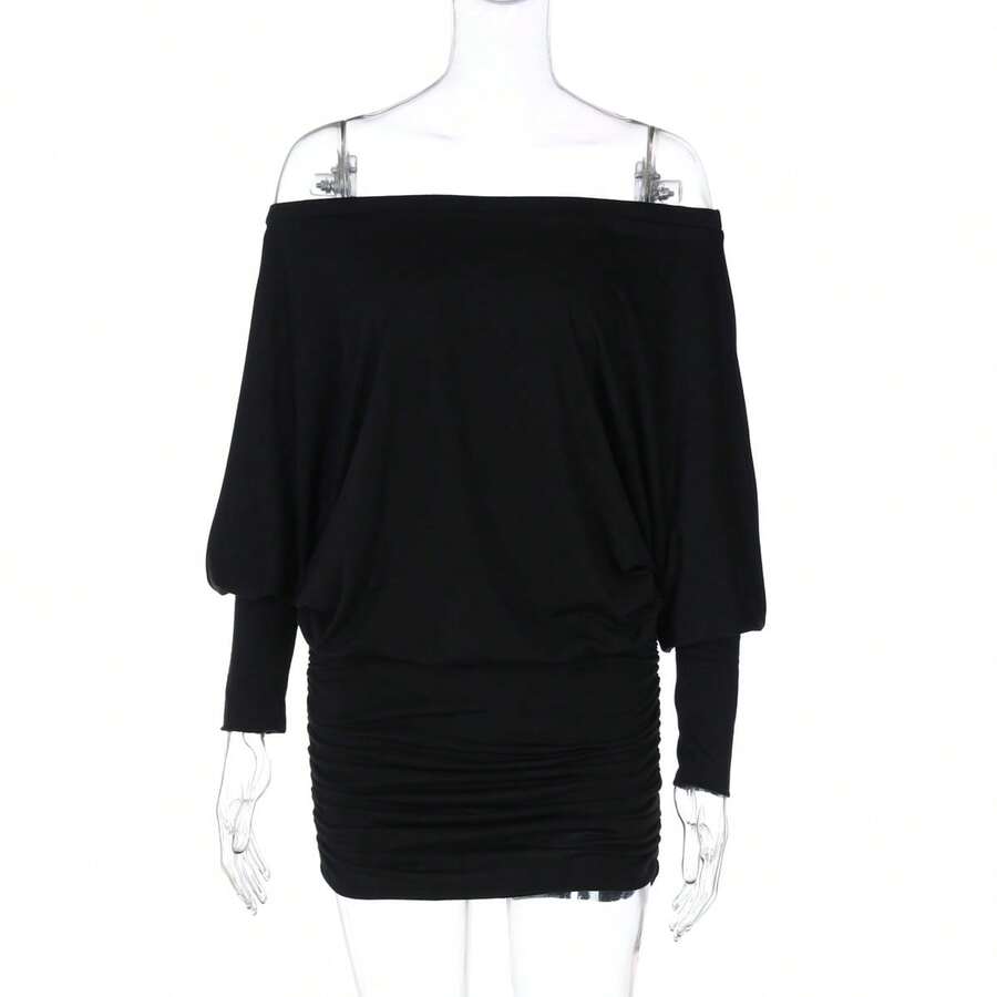 Vestido Bodycon Ajustado con Hombros Descubiertos y Diseño Fruncido, Estilo Sexy y Atractivo, Nueva Colección de Primavera para Mujer - Negro - Ver 1
