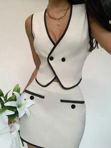 PETITE 2 Piezas Set: Top de chaleco color albaricoque casual y elegante, falda ajustado tejida de cintura alta, conjunto de cumpleaños con lazo en la espalda para mujer, vestido blanco, ropa de mujer, vestidos cortos de mujer, vestidos de verano, vestidos elegantes de mujer - Albaricoque - Ver 3