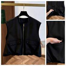 Chaleco corto sin mangas para mujer, con dobladillo de burbuja de unicolor fresco de otoño, cuello redondo con cremallera, de moda y versátil, ajustado para vacaciones de verano - Negro - Ver 10