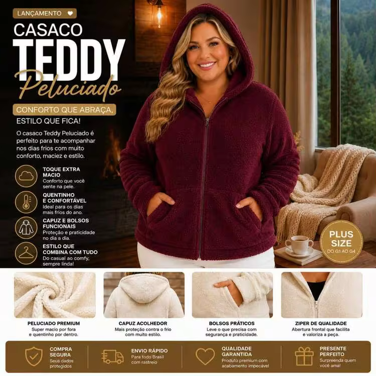 Plush Teddy Coat With A Soft Touch And Perfect Comfort For Cold Winter Days! 12925.C1 - 酒紅色 - 查看 3