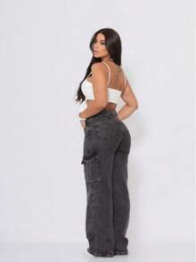 Graphite Cargo Jeans For Women, Wide Leg, 100% Cotton, 2 Pockets, Simple, Casual, Elegant, Sensual, Cargo Pockets, Zipper - 深灰色 - 查看 3