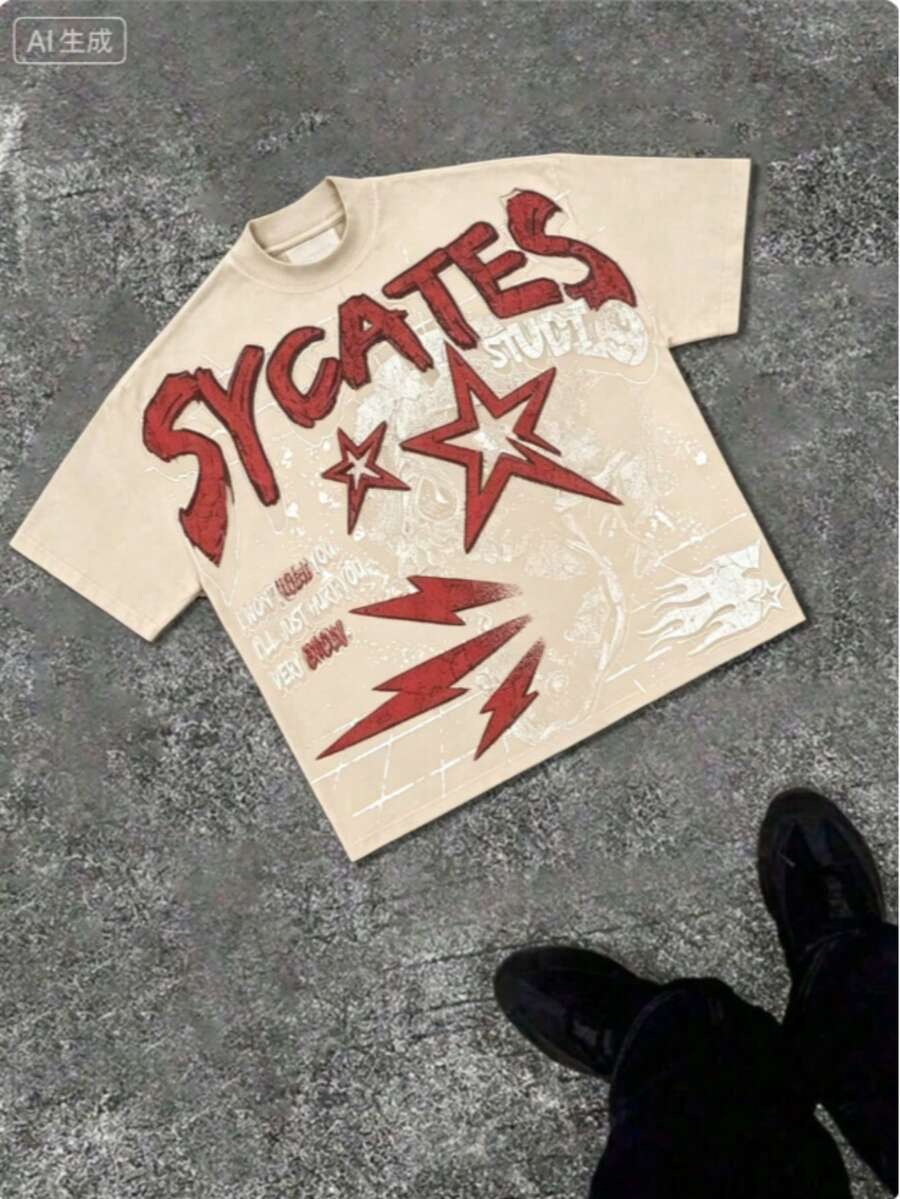 Break The SystemMen's Washed Vintage Crewneck T-Shirt, 100% Cotton 180GSM, Godspeed Highway Car Print, Retro Faded Style, American Streetwear, - 杏色2 - 查看 1