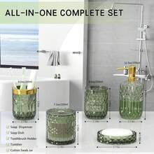 Bộ phụ kiện phòng tắm bằng thủy tinh đính đá Rhinestone 5 món, bao gồm hộp đựng kem dưỡng da, đĩa đựng xà phòng, giá để bàn chải đánh răng, bình đựng cốc và tăm bông, đồ trang trí hiện đại làm quà tặng tân gia Trang trí phòng tắm tại nhà khi trở lại trường - màu xanh lá - Xem 3