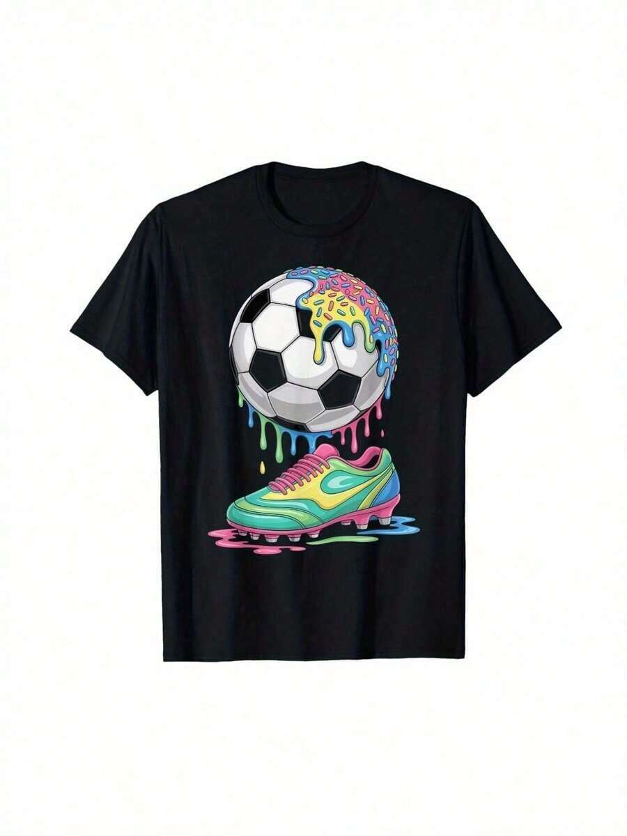 Men's Black Sports Shirt With Soccer Ball And Shoe Design - Breathable, Moisture-Wicking Fabric For Soccer Training, Matches, And Casual Wear - Casual Sports Shirt For Men And Women, Valentine's Day Outfit | Exquisite Design | Loose And Comfortable | Easy To Match | - 黑色 - 查看 1