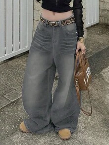 Retro High Street Washed Gray Denim Jeans, Women's Fashion Design Straight Loose Casual Wide Leg Pants, New Autumn Collection - Grey - View 7