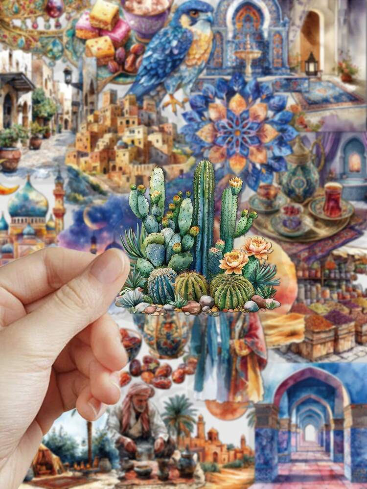 50pcs Desert Moonlit Night Fairy Tale Watercolor Stickers For Skateboard Guitar Laptop Scrapbook Decor Transparent Stickers - A - View 7