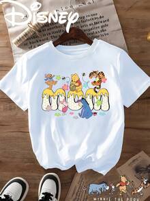Disney-Licensed Winnie The Pooh Cartoon Print Pattern Women's Casual, , Versatile, Stylish T-Shirt, Perfect For Everyday Wear, Suitable For Spring And Summer, Made Of Stretchy Fabric With A Classic Round Neckline. - 白色 - 查看 1