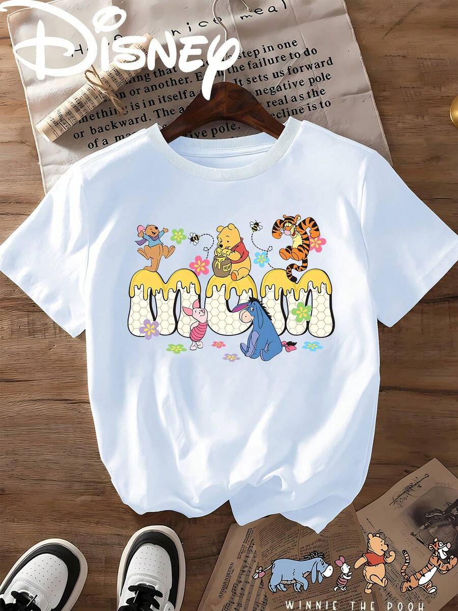 Disney-Licensed Winnie The Pooh Cartoon Print Pattern Women's Casual, , Versatile, Stylish T-Shirt, Perfect For Everyday Wear, Suitable For Spring And Summer, Made Of Stretchy Fabric With A Classic Round Neckline. - 白色 - 查看 1