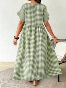 Plus Size Women's Square Neck Short Sleeve Ruffle Plaid Dress, Suitable For Casual Summer Vacation Wear - Multicolor - View 2