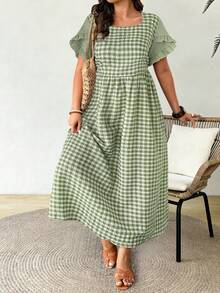 Plus Size Women's Square Neck Short Sleeve Ruffle Plaid Dress, Suitable For Casual Summer Vacation Wear - Multicolor - View 3
