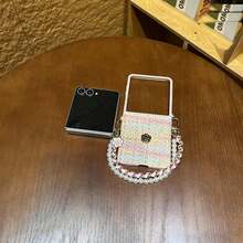 Colorful Woven Pattern Phone Case With Flower Pearl Chain, Compatible With Samsung Galaxy ZFlip7 Flip8 Z Flip6 ZFlip 5 Zflip6 Zflip5, Shockproof Back Cover - Pastel - View 9