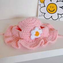 1pc Handmade Crochet Pet Hat With Small Flower Pattern, Suitable For Small And Medium Dogs Or Cats - Pink - View 6