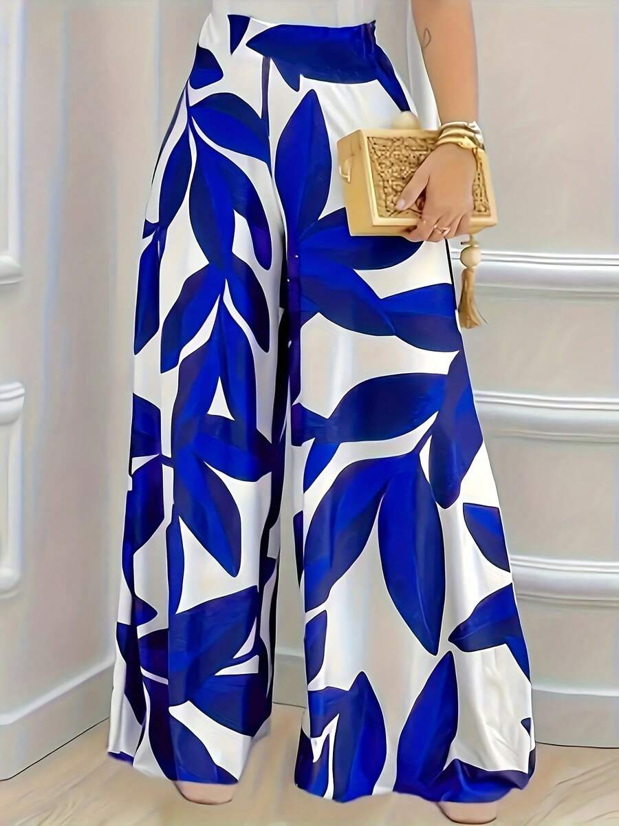 Stylish And Fashionable Printed Wide-Leg Trousers - Blue - View 1