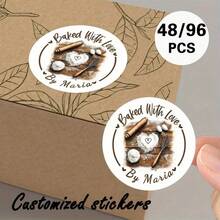 Customized 48/96pcs "Heart Baking" Round Stickers, Customizable Text Content, Waterproof And Oil-Proof, Perfect For Baking Food Packaging, Kitchen Storage, Gift Labels, Etc. - Model 3 - View 7