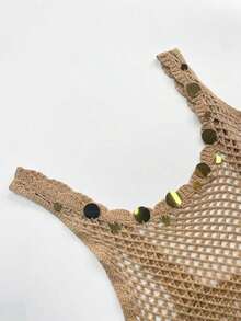 Vestido corto de verano sin mangas con diseño de lentejuelas, tirantes finos y transparente para playa y vacaciones, nueva llegada 2026 - Camel - Ver 3