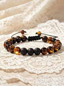 Natural Tiger Eye & Lava Stone Adjustable Bracelet Bohemian Style Vintage Men's Jewelry Gifts, For Vacation Grounding, Healing Energy, Protection - Multicolor - View 8