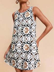 Vestido de vacaciones sin mangas de cuello redondo con estampado tropical - Blanco y Negro - Ver 4