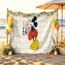 Disney Mickey Mouse Tapestry With Yellow Grid Pattern, "Let's Eat!" Quote, And Stylized Mickey Illustration Print No-Hole Backdrop, Perfect For Parties, Camping, Home Decor, Scene Setup And Gathering Displays - 0 - View 2