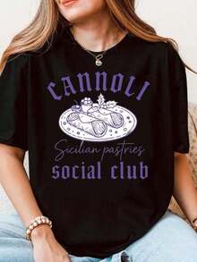 Women's Comfortable And Sporty Casual Cotton T-Shirt, Cannoli (Sicilian Pastries) Design, Ideal For Social Clubs Or As A Gift, Fashionable - 黑色 - 查看 7