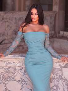 Faeriesty Off-The-Shoulder Ruffle Maxi Dress - Sheer Lace Sleeves, Suitable For Romantic Dates, Anniversary Celebrations, And Formal Dinners Wedding Party - Dusty Blue - View 4