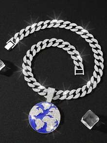 1 buah Kalung Liontin Bumi Kreatif Bertabur Berlian Sepenuhnya dari Paduan Logam, Perhiasan Unik Cocok untuk Pemakaian Sehari-hari Pria dan Wanita - Kalung Liontin Bumi - View 6
