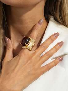 1pc Bohemian Style Inlaid Geometric Oval Faux Gemstone Metal Striped Open Ring, Elegant Fashion Party/Casual/Travel/Date, Women's Holiday Versatile Jewelry Gift - Ring - View 12