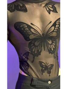 Men's Butterfly Print Sheer Mesh Bodysuit, Long Sleeve High Neck Sexy Lingerie, Unisex Sheer Bodysuit For Men Role Play  Intimate Wear - Black - View 2