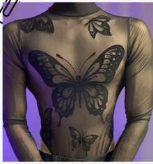 Men's Butterfly Print Sheer Mesh Bodysuit, Long Sleeve High Neck Sexy Lingerie, Unisex Sheer Bodysuit For Men Role Play  Intimate Wear - Black - View 3