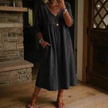2026 New Casual Loose V-Neck Linen-Cotton Dress With Lace Trim - Yellow - View 4