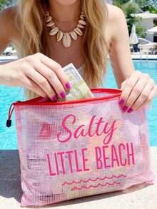 防水時尚海灘包，印有「Salty Little Beach」波浪圖案，大容量透明化妝包，尼龍拉鍊，輕巧便攜，適合春夏收納，非常適合游泳、海灘、潛水和夏季度假旅行 - 彩色 - 查看 2