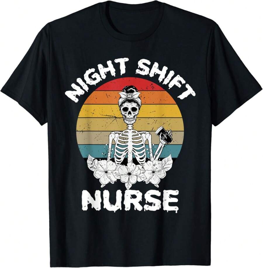 Maglietta unisex divertente per infermiere del turno di notte, scheletro di Ognissanti, regalo per infermiere donne RN - nero - Visualizzare 1