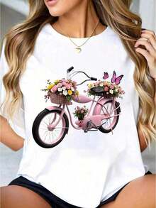 1pc Women' Bicycle Flowers Butterfly Print White TShirt, Crew Neck, Casual Cotton Tee Medium Stretch Knit Fabric, Regular Fit For Female Ladies,Size S-XXXL Summer Short Sleeve - White - View 1