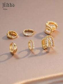 Hihho 3 Pairs Hoop Earrings Set, Golden Bead Ring Design, Densely Embedded Luxury Rhinestones, Fashion Minimalist, Suitable For Casual And Gentle Outfit, Versatile For Daily Wear - Gold - View 4