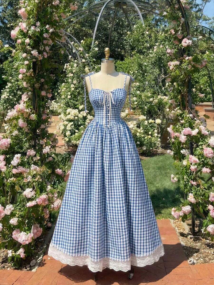 xheSHEIN MOD Vestido midi de estilo romántico y campestre a cuadros rojos y blancosxhe - Celeste - Ver 1